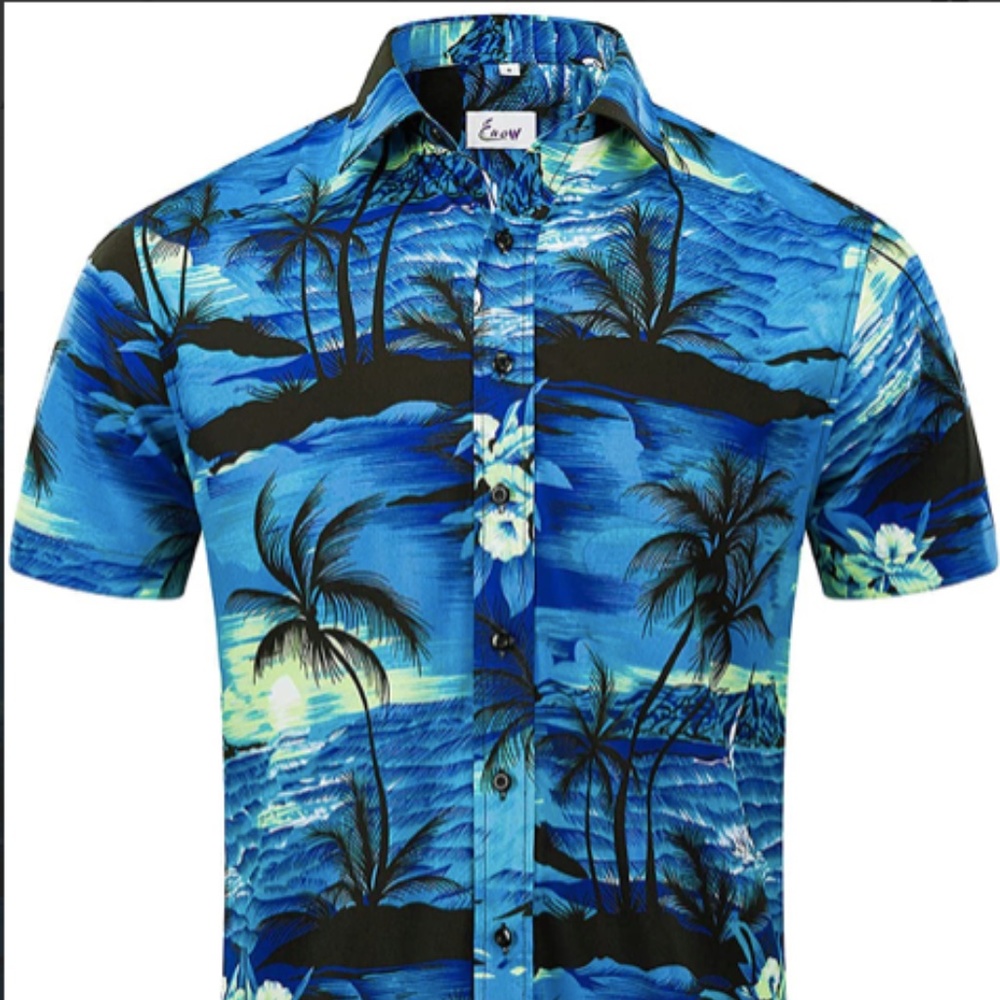 NEW EUOW Men's Hawaiian Shirt Short Sleeves Printed Button Down Shirt Size L